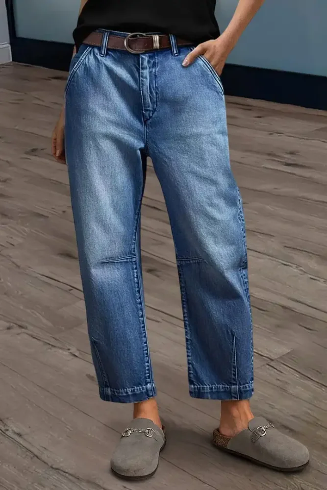 Wash Stitch Detail Mid Rise Barrel Leg Crop Jeans Without Belt