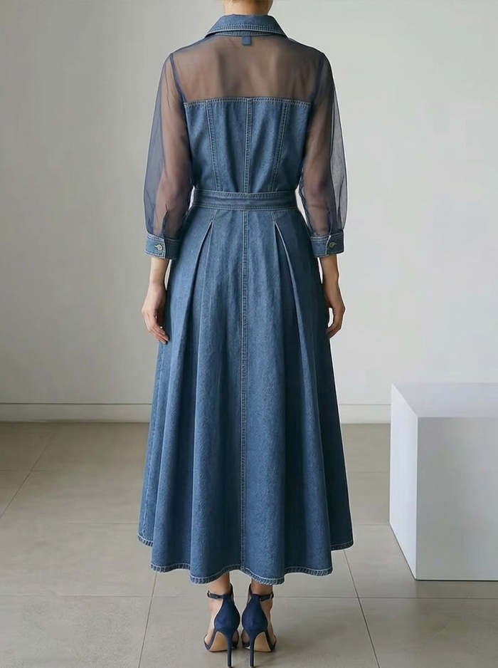 Patchwork Organza Denim Shirt Dress – Casual Elegant A-Line Mini Dress