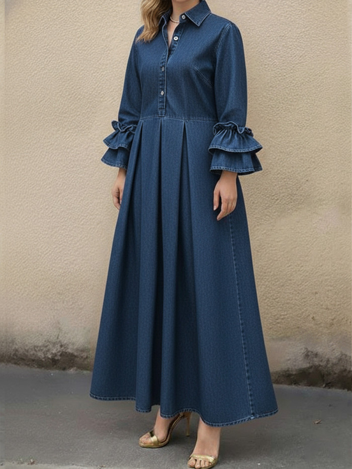 Women's Casual Denim Dress With Ruffled Sleeves