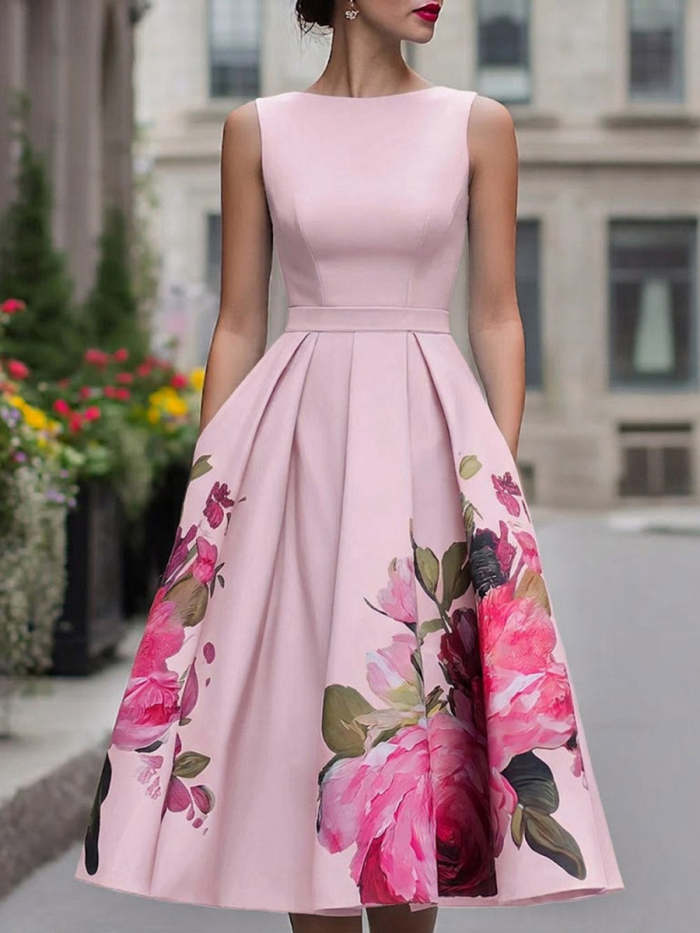 Women's Crew Neck Sleeveless Loose-fit A-line Dress With Placement Print