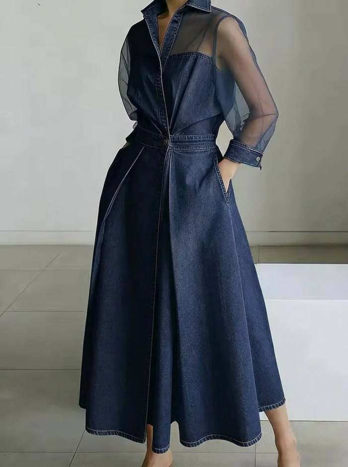 Patchwork Organza Denim Shirt Dress – Casual Elegant A-Line Mini Dress