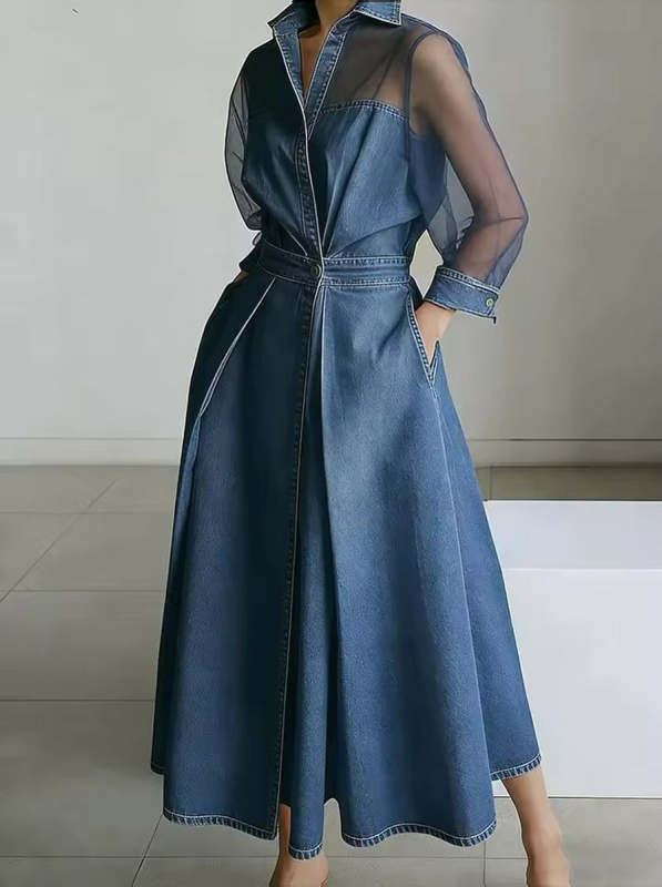 Patchwork Organza Denim Shirt Dress – Casual Elegant A-Line Mini Dress