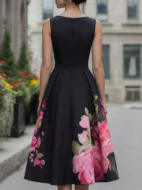 Women's Crew Neck Sleeveless Loose-fit A-line Dress With Placement Print