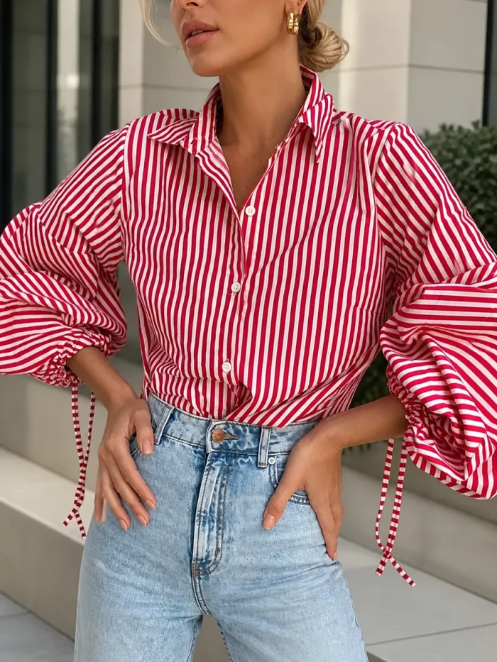 Loose Drawstring Buttoned Striped Lapel Blouse – Split Joint Long Sleeve Top