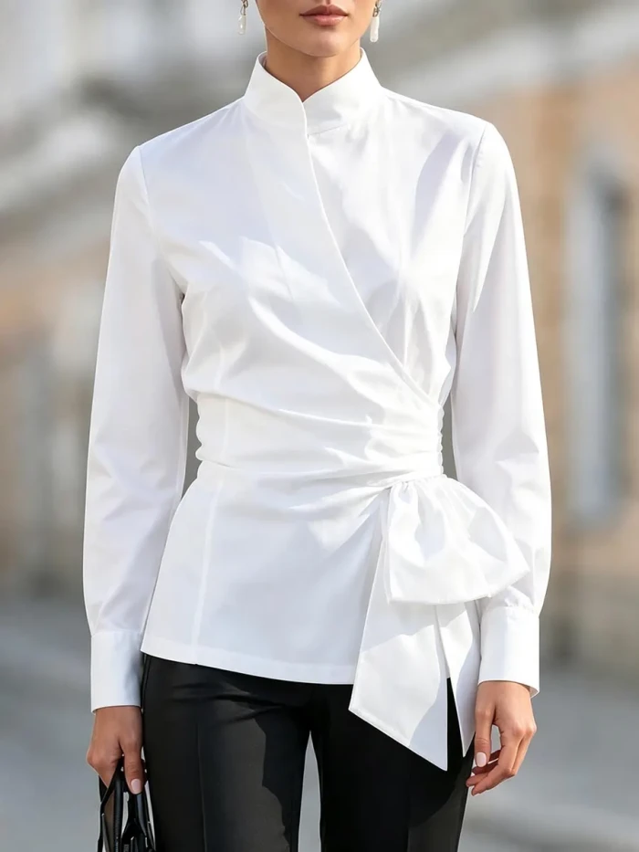 Long Sleeves Wrap Knot Pleated Solid Color Stand Collar Blouses&shirts Tops