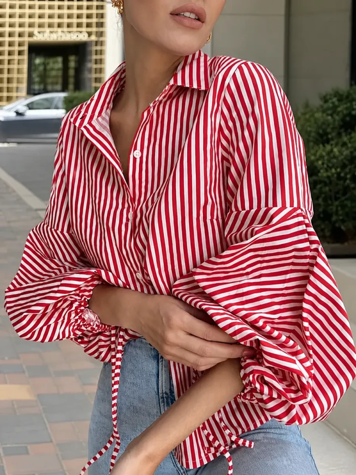 Loose Drawstring Buttoned Striped Lapel Blouse – Split Joint Long Sleeve Top