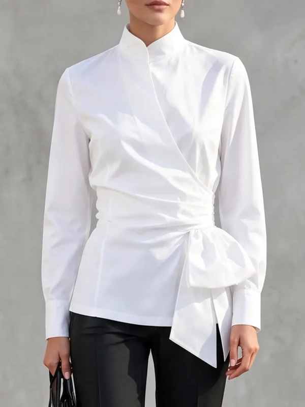 Long Sleeves Wrap Knot Pleated Solid Color Stand Collar Blouses&shirts Tops