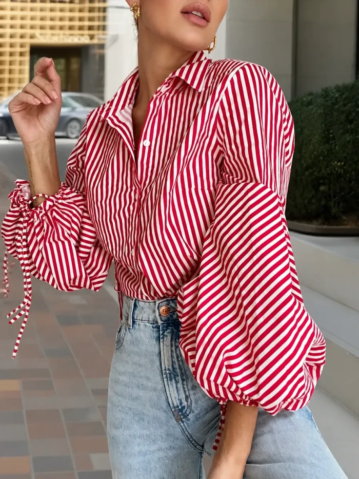 Loose Drawstring Buttoned Striped Lapel Blouse – Split Joint Long Sleeve Top