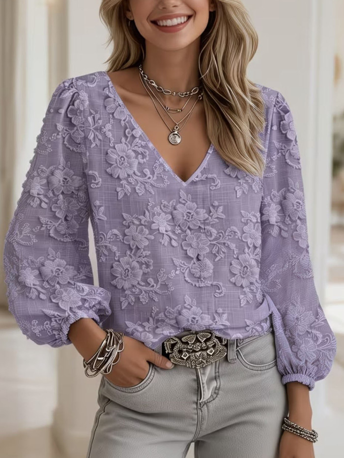 Jacquard Solid Color V-Neck Blouse – Elastic Cuff Short Sleeve Top