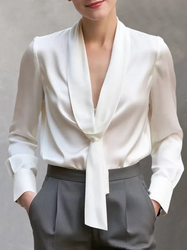 Long Sleeve Tied V-Neck Solid Color Blouse – Elegant Casual Shirt