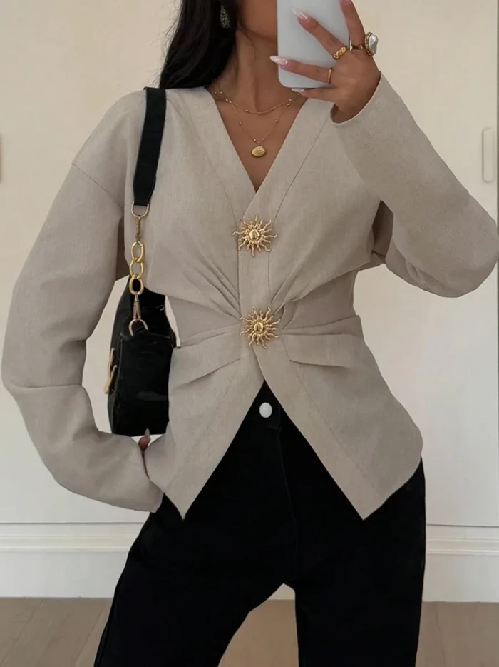 Long Sleeve Tiered V-Neck Pleated Blouse – Loose Solid Color Top