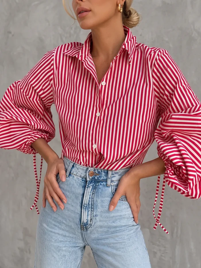 Loose Drawstring Buttoned Striped Lapel Blouse – Split Joint Long Sleeve Top