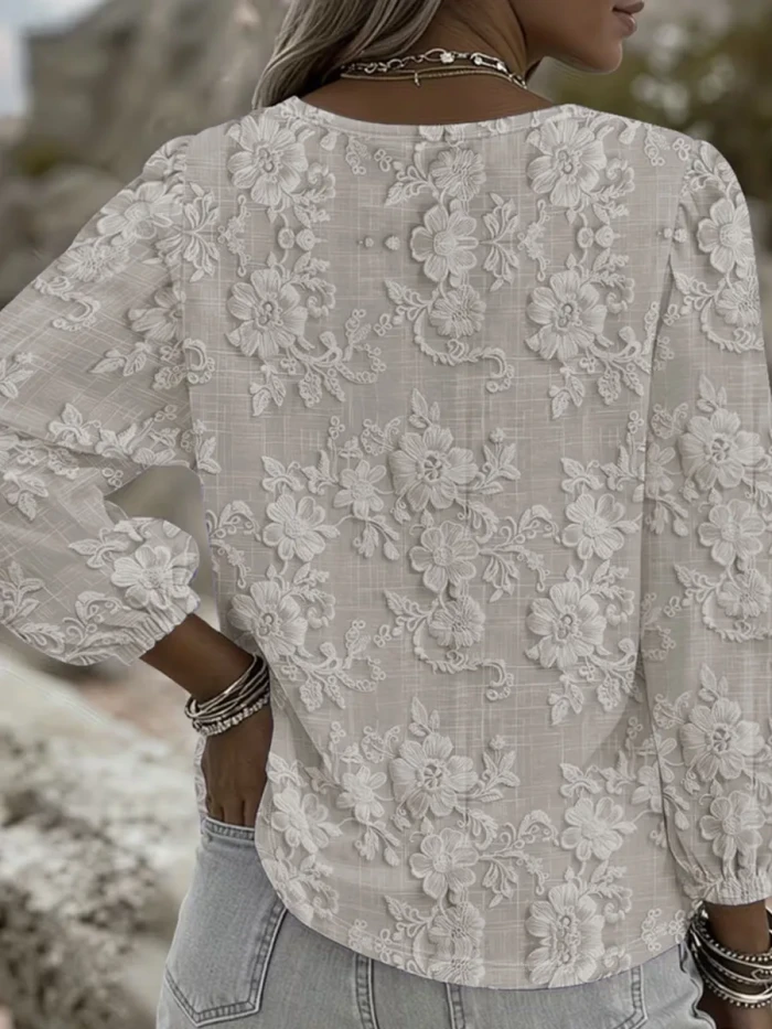 Jacquard Solid Color V-Neck Blouse – Elastic Cuff Short Sleeve Top