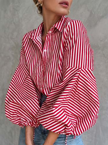 Loose Drawstring Buttoned Striped Lapel Blouse – Split Joint Long Sleeve Top