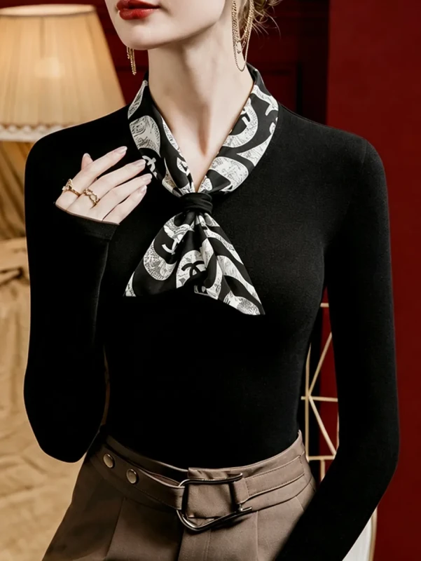 Long Sleeve Contrast Color Split-Joint V-Neck T-Shirt – Casual Slim Top
