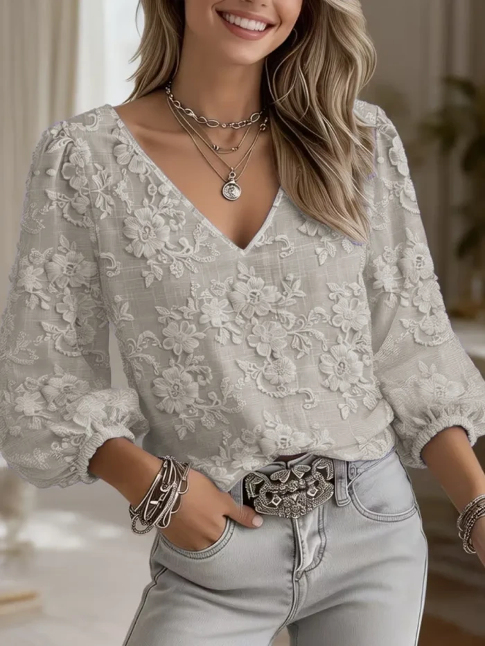 Jacquard Solid Color V-Neck Blouse – Elastic Cuff Short Sleeve Top