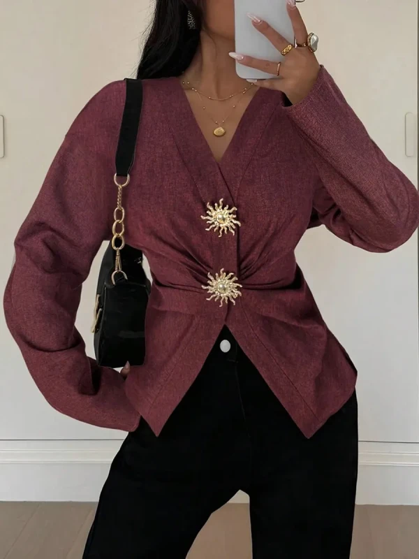 Long Sleeve Tiered V-Neck Pleated Blouse – Loose Solid Color Top