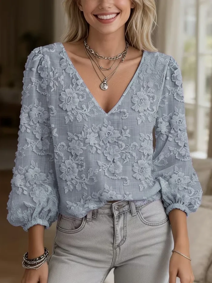 Jacquard Solid Color V-Neck Blouse – Elastic Cuff Short Sleeve Top