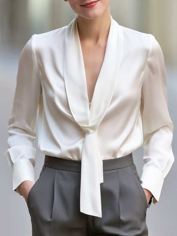 Long Sleeve Tied V-Neck Solid Color Blouse – Elegant Casual Shirt