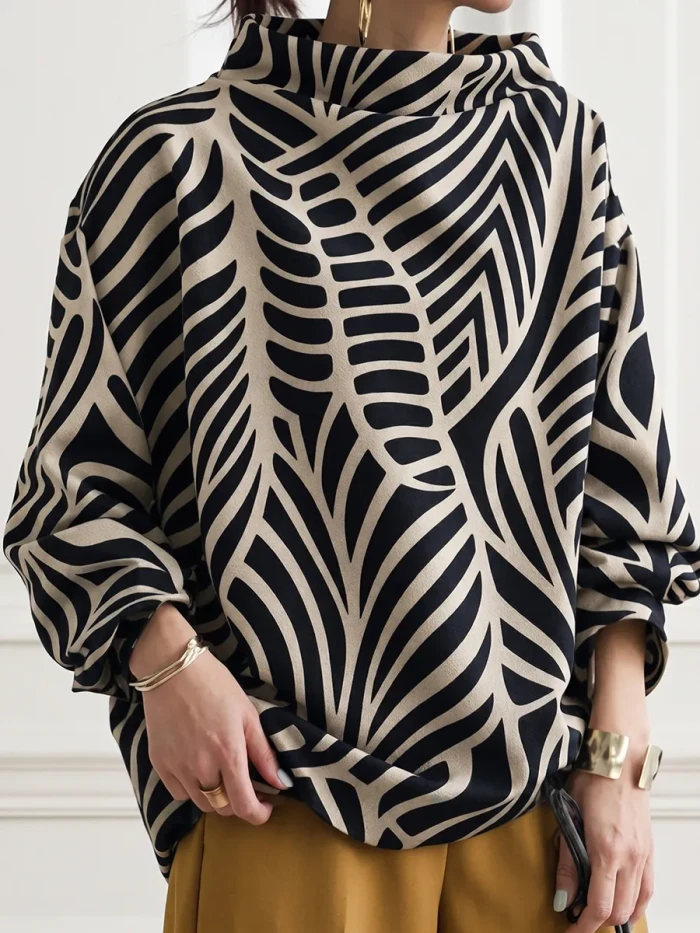Long Sleeves Loose Contrast Color Printed High-neck Sweatshirt Tops