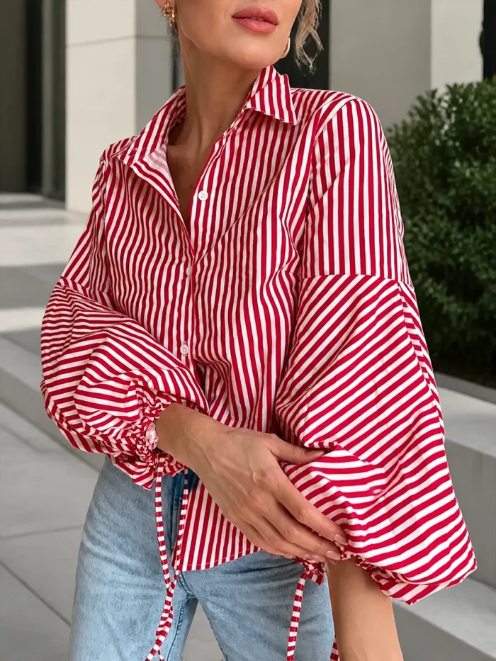 Loose Drawstring Buttoned Striped Lapel Blouse – Split Joint Long Sleeve Top