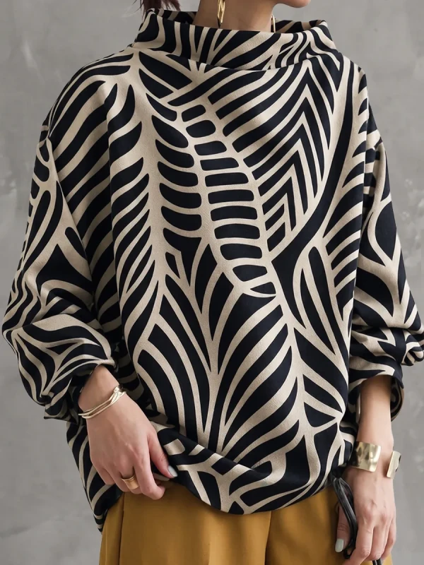 Long Sleeves Loose Contrast Color Printed High-neck Sweatshirt Tops