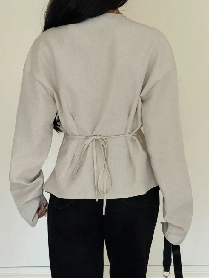 Long Sleeve Tiered V-Neck Pleated Blouse – Loose Solid Color Top