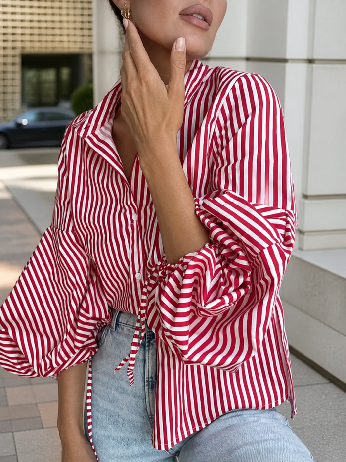 Loose Drawstring Buttoned Striped Lapel Blouse – Split Joint Long Sleeve Top