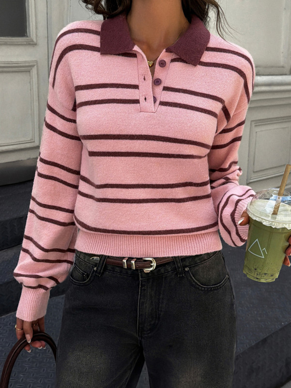 Long Sleeves Loose Buttoned Striped Lapel Pullovers Sweater Tops