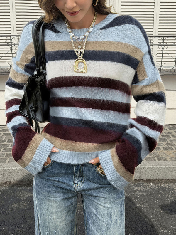 Long Sleeves Loose Contrast Color Ribbed Striped Round-neck Sweater Tops