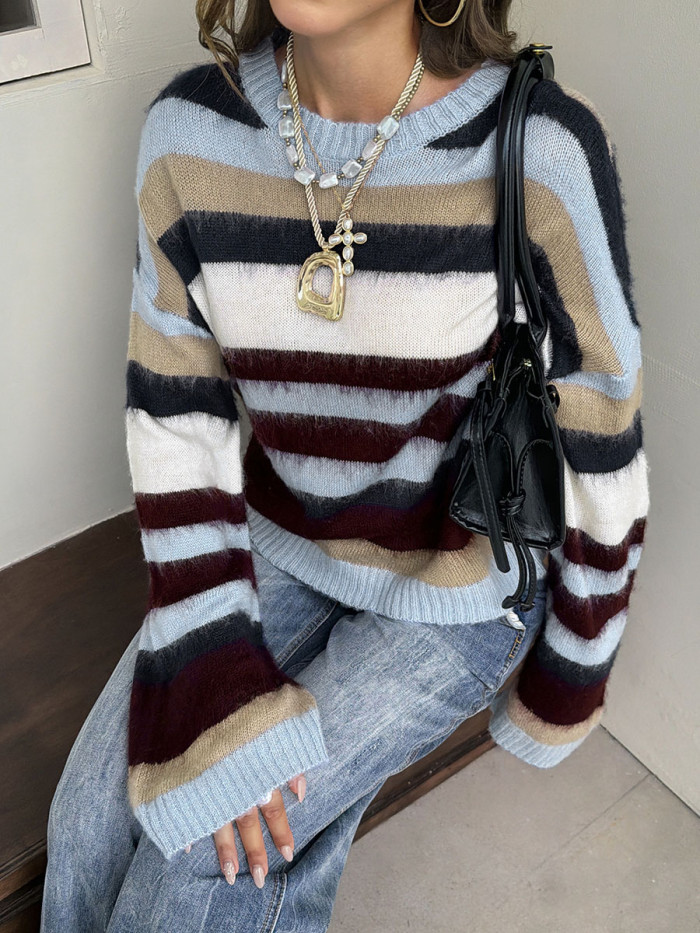 Long Sleeves Loose Contrast Color Ribbed Striped Round-neck Sweater Tops