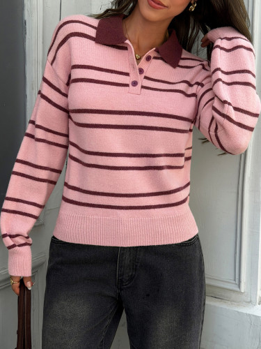 Long Sleeves Loose Buttoned Striped Lapel Pullovers Sweater Tops
