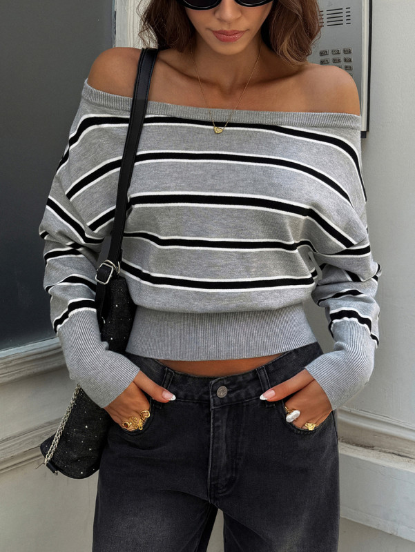 Long Sleeves Loose Striped One-shoulder Sweater Tops