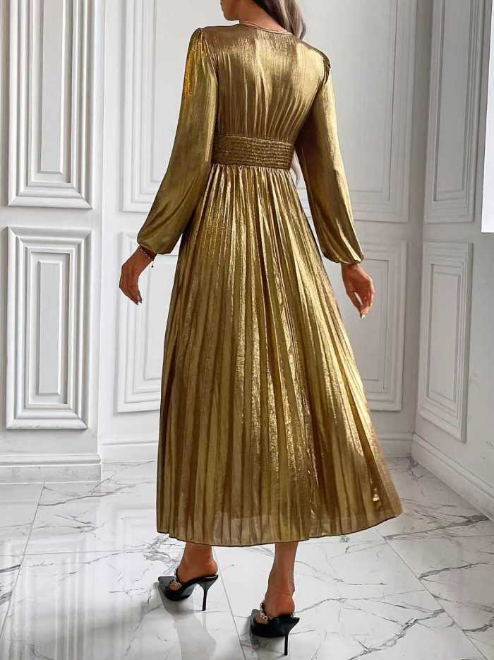 Smocked Shiny Pleated Long Sleeves Deep V-Neck Maxi Dresses