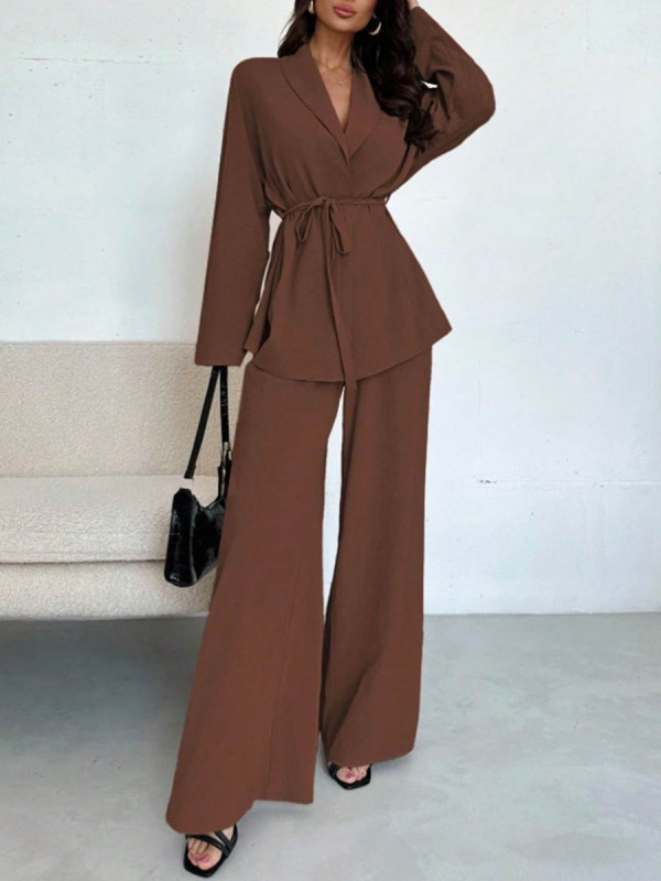 Tied Waist Solid Color Wide Leg Long Sleeves V-Neck Suits