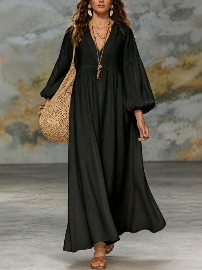 Long Sleeves Loose Pleated Solid Color V-neck Maxi Dresses