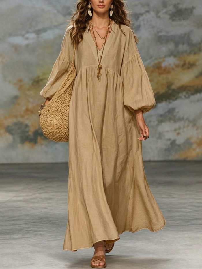 Long Sleeves Loose Pleated Solid Color V-neck Maxi Dresses