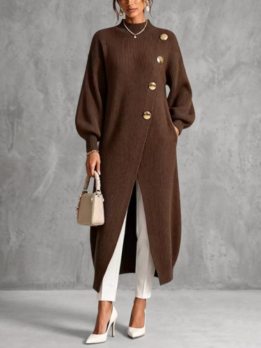 Long Sleeves Loose Buttoned Pockets Ribbed Knit Solid Color Mock Neck Pullovers Sweater