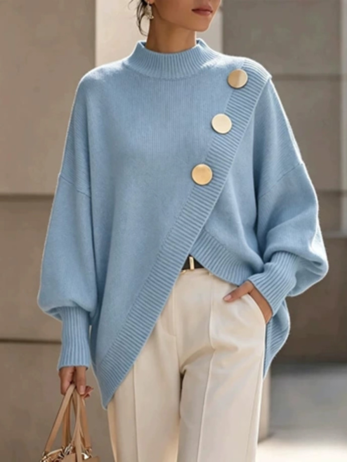 Long Sleeves Loose Asymmetric Buttoned Ribbed Solid Color Mock Neck Pullovers Sweater Tops