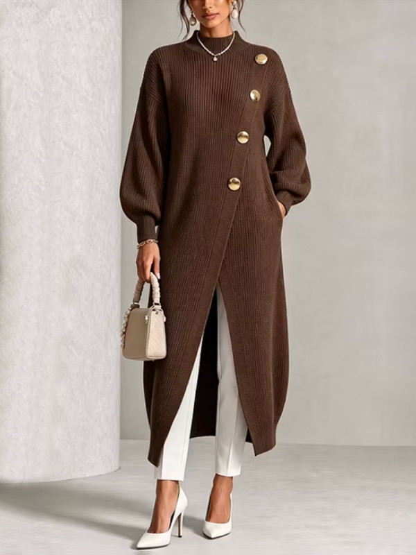 Long Sleeves Loose Buttoned Pockets Ribbed Knit Solid Color Mock Neck Pullovers Sweater