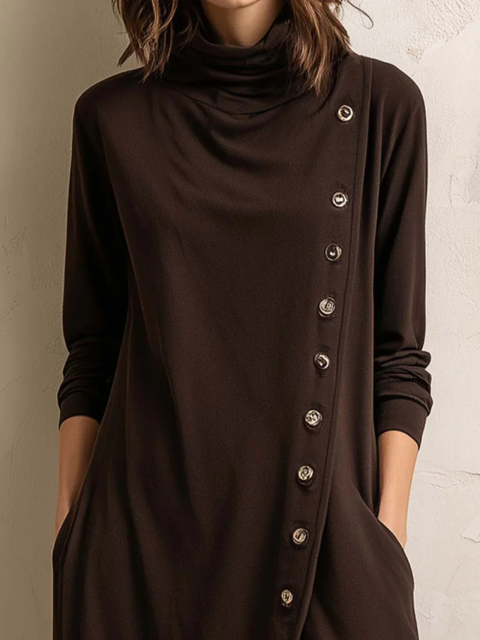 Long Sleeves Asymmetric Buttoned Pockets Solid Color Mock Neck Midi Dresses