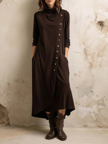 Long Sleeves Asymmetric Buttoned Pockets Solid Color Mock Neck Midi Dresses