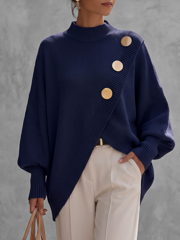 Long Sleeves Loose Asymmetric Buttoned Ribbed Solid Color Mock Neck Pullovers Sweater Tops