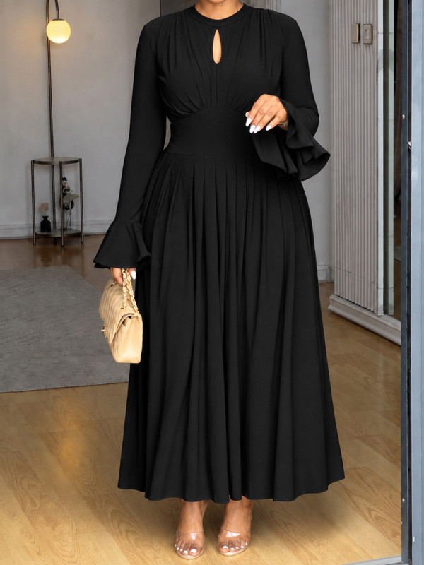 Flared Sleeves High Waisted Hollow Pleated Solid Color Split-Joint Round-neck Maxi Dresses