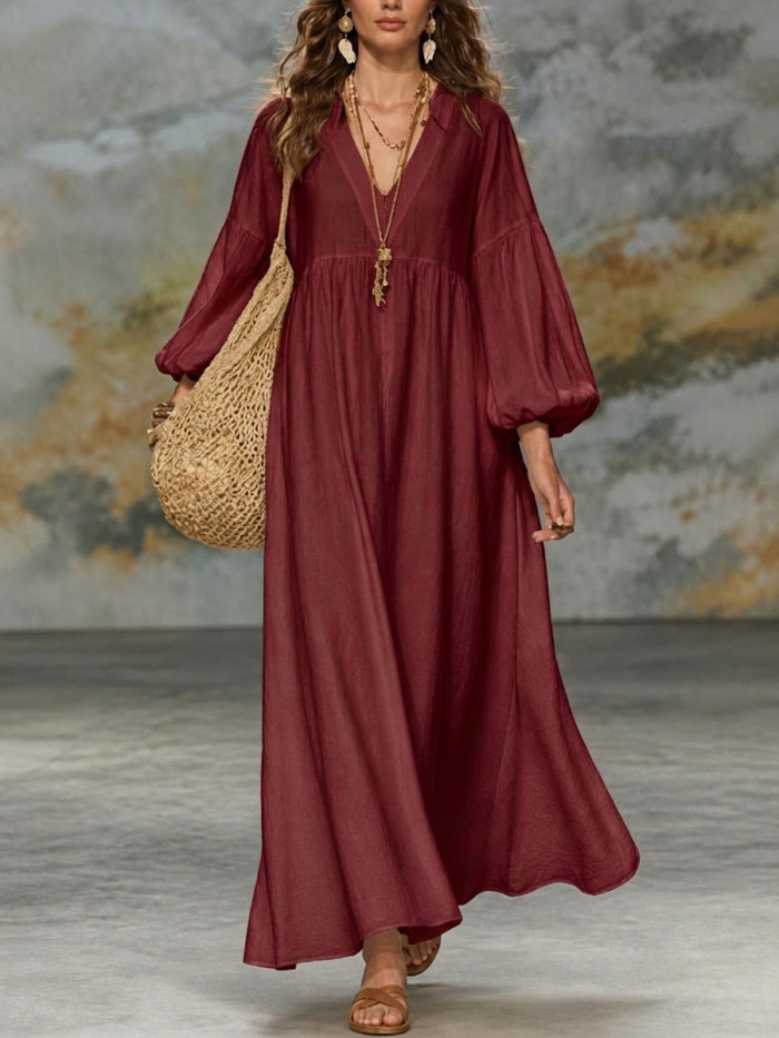 Long Sleeves Loose Pleated Solid Color V-neck Maxi Dresses
