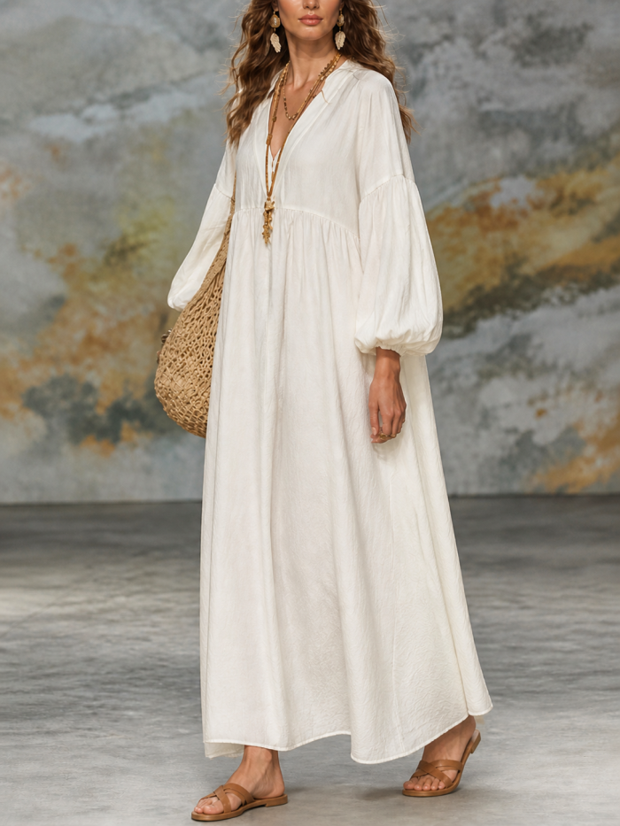 Long Sleeves Loose Pleated Solid Color V-neck Maxi Dresses