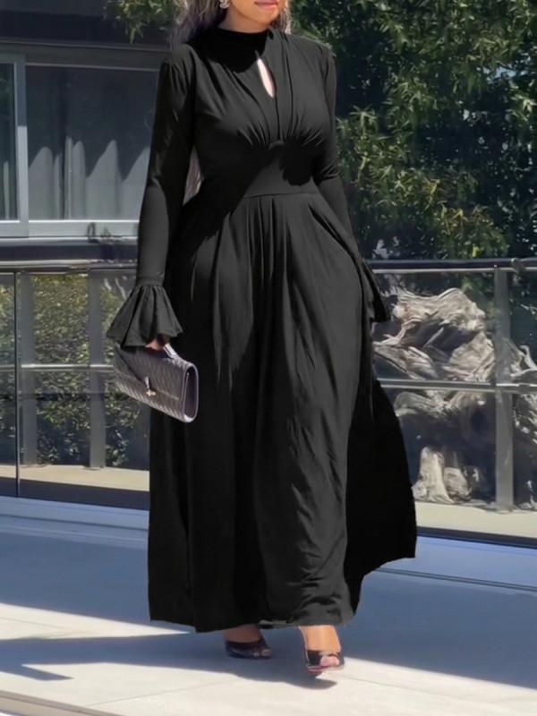 Flared Sleeves High Waisted Hollow Pleated Solid Color Split-Joint Round-neck Maxi Dresses