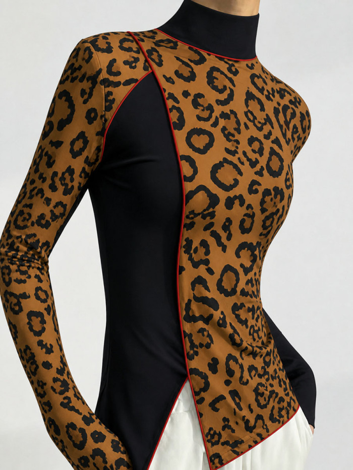 Long Sleeves Skinny Contrast Color Leopard Split-Joint Split-front Mock Neck T-Shirts Tops