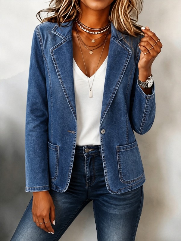 Ladies Casual Loose Lapel Denim Blazer