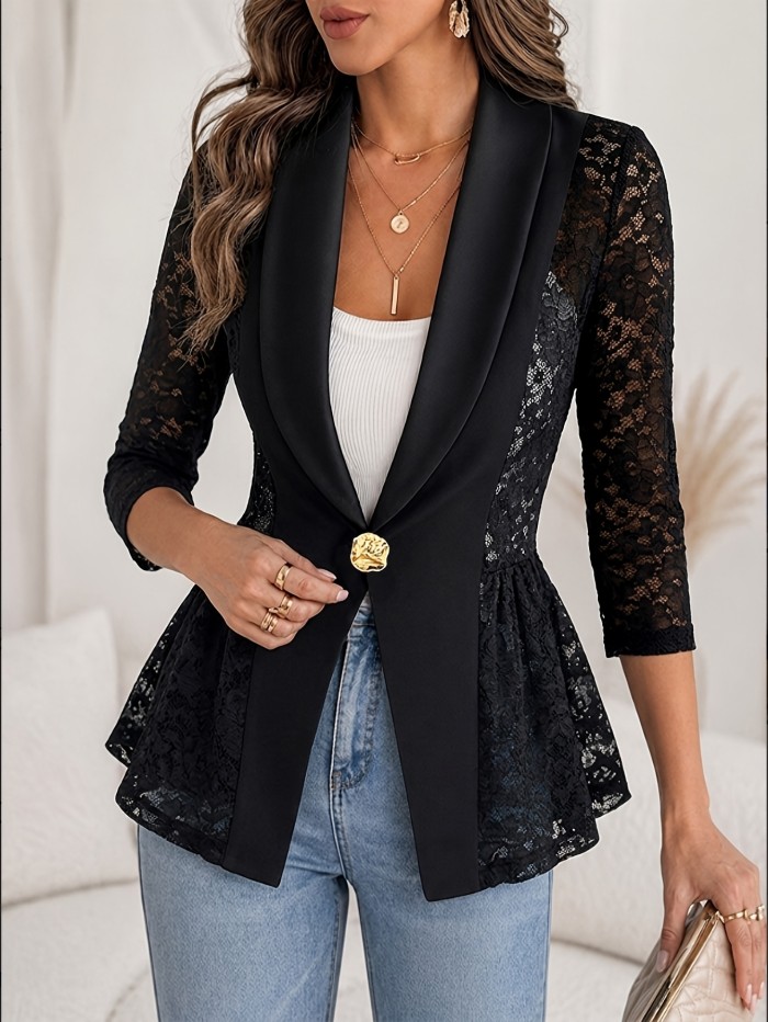 Solid Lace Patchwork Three-Quarter Sleeve Ruffle Hem Women's Blazer